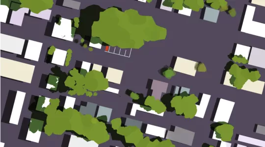 stylized overhead view of streets and trees