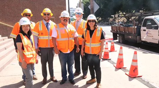 Board of Public Works Vice President Teresa Villegas joined Bureau of Engineering Deputy City Engineer Julie Sauter, Bureau of Contract Administration inspectors to visit a sidewalk improvement project by a local Community Level contractor in Downtown LA. 
