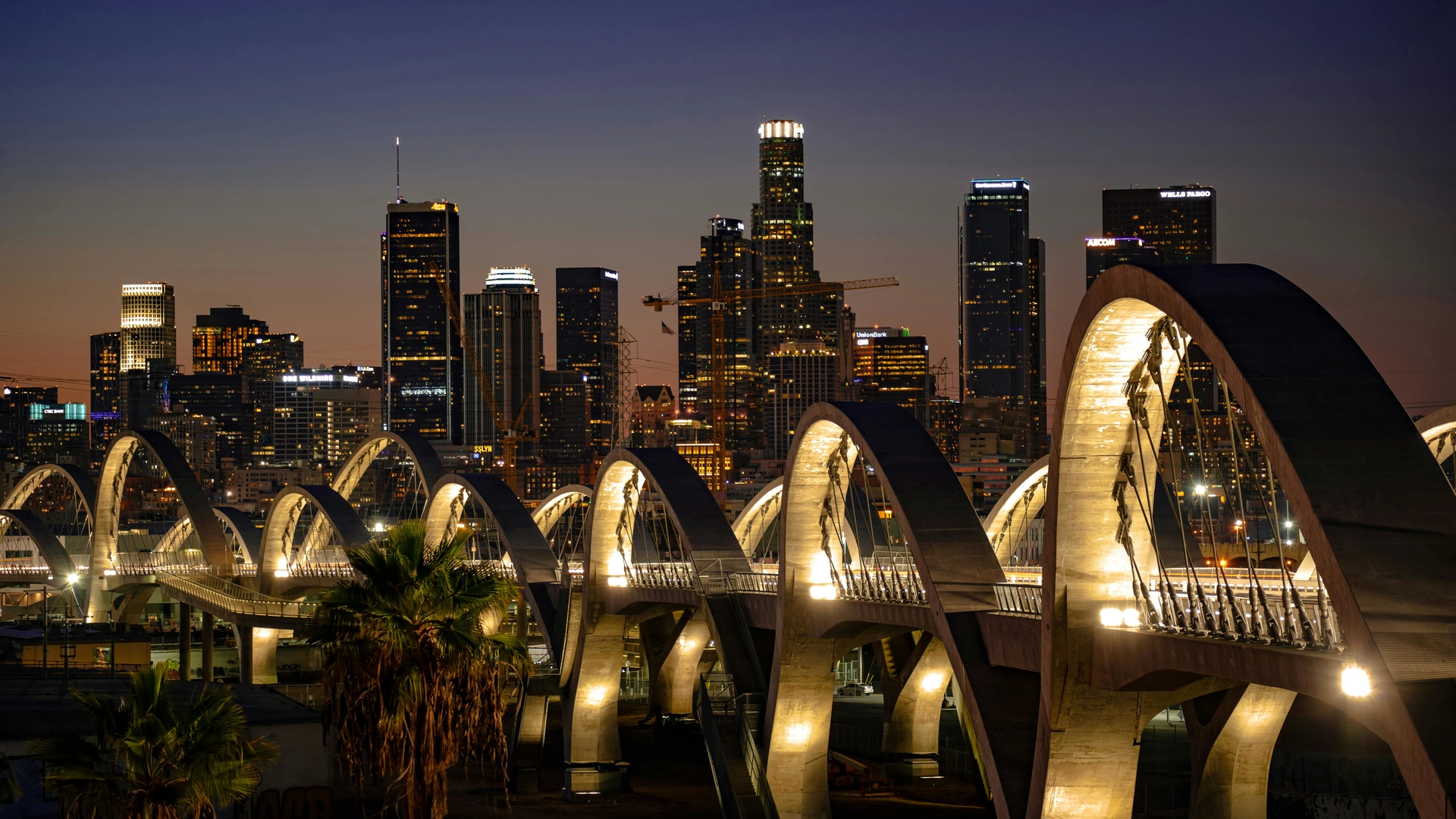 Sixth Street Bridge in Los Angeles, California at night