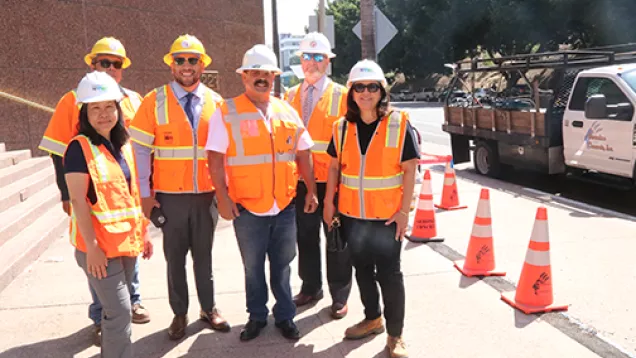 Board of Public Works Vice President Teresa Villegas joined Bureau of Engineering Deputy City Engineer Julie Sauter, Bureau of Contract Administration inspectors to visit a sidewalk improvement project by a local Community Level contractor in Downtown LA. 