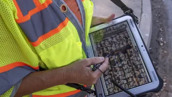 computer tablet man doing tree inventory